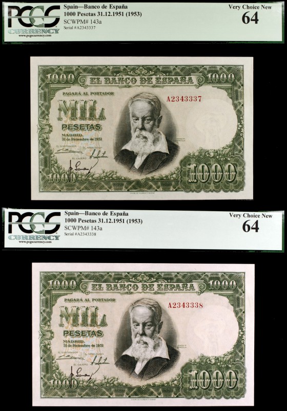 1951. 1000 pesetas. (Ed. D64). 31 de diciembre, Sorolla. Pareja correlativa seri...