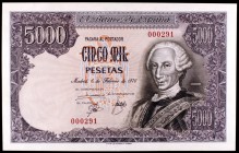 1976. 5000 pesetas. (Ed. E1). 6 de febrero, Carlos III. Sin serie, numeración muy baja: 000291. Raro. S/C.