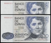 1979. 500 pesetas. (Ed. E2). 23 de octubre, Rosalía de Castro. Pareja correlativa, sin serie. Numeraciones muy bajas: 0000815/6. Ex Áureo & Calicó 04/...