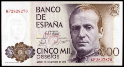 1979. 5000 pesetas. (Ed. E4a var). 23 de octubre. Juan Carlos I. Distinta numeración en el mismo billete. Raro. EBC+.