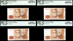 1980. 200 pesetas. (Ed. E6b). 16 de septiembre, Clarín. Lote de 4 billetes series 8A, 8B, 8C y 8D, numeración 0000010. Certificados por la PCGS como G...