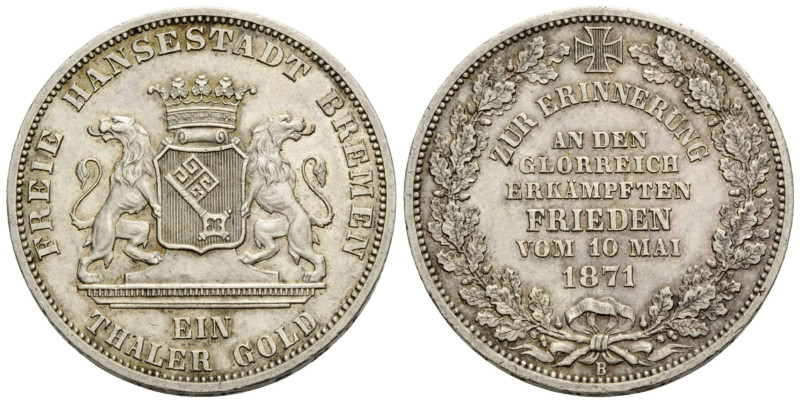 Bremen, Stadt / City
 Taler 1871 B. 33.0 mm. Silber / Silver Thaler. Sieg über ...