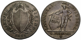 Tessin/Ticino
 4 Franken / Franchi 1814 Bern. 39.9 mm. Silber / Silver. CANTONE TICINO. Rv. Legend CONFEDERAZ: SVIZZERA. // 4. FRANCHI. Schild mit de...