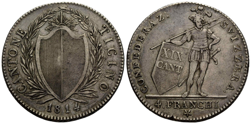 Tessin/Ticino
 4 Franken / Franchi 1814 Bern. 40.3 mm. Silber / Silver. CANTONE...
