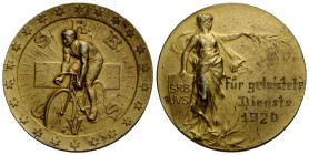 Vergoldete Silbermedaille / Gilt silver medal 1920 30 mm. Punze / punch 0.900. S. R. B. - U. V. S. Rad-Medaille / Racing Bike medal. Rennfahrrad Fahre...