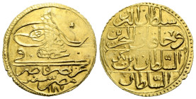 'Abd al-Hamîd I., 1187-1203 H./1774-1789 AD.
 1 Zer-i mahbûb 1187 H./ohne Regierungsjahr Misr (Kairo). 22.0 mm Goldmünze / gold coin. Mit Walizeichen...