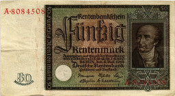 Deutschland nach/ after 1918 / Third Reich Deutsche Rentenbank 1923-1937
 50 Rentenmark 1934. 155 x 85 mm. Berlin 6.7.1934. Dark brown on olive. Frei...