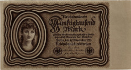 Deutschland nach/ after 1918 / Third Reich
 50'000 Mark 1922. Reichsbanknote. Ablichtung einer Probe der Orell Füssli Zürich. Sginiert, 19. November ...