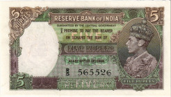 Indien / India Britische Administration
Reserve Bank of India 5 Rupees o.J. / ND. (1943). Brown and green. Oval portrait King George VI at right. Pic...