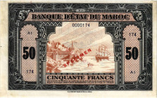 Marokko Banque d'Etat du Maroc
 50 Francs o.J. / ND. (1943). EAW. Serie A1, 0000174. Black and light brown. Fortress left, sailing ship at right. Rv....