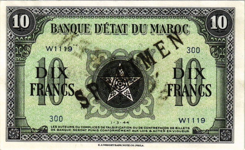 Marokko Banque d'Etat du Maroc
 10 Francs 1.3.1944. SPECIMEN. Black on green un...