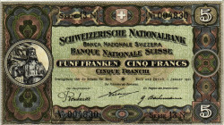 Schweiz / Switzerland Ausgaben der Schweizerischen Nationalbank ab 1907
 5 Franken 1921 Art. Institut Orell Füssli AG, Zürich. 125 x 70 mm. 2. Emissi...