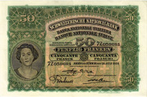 Schweiz / Switzerland Ausgaben der Schweizerischen Nationalbank ab 1907
 50 Franken 1931 Waterlow & Sons Ltd., London. 2. Emission / 2nd issue. Holzf...