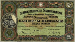 Schweiz / Switzerland Ausgaben der Schweizerischen Nationalbank ab 1907
 5 Franken 1942 Art. Institut Orell Füssli AG, Zürich. 125 x 70 mm. 2. Emissi...