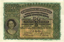 Schweiz / Switzerland Ausgaben der Schweizerischen Nationalbank ab 1907
 50 Franken 1947 Waterlow & Sons Ltd., London. 2. Emission / 2nd issue. Holzf...