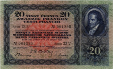 Schweiz / Switzerland Ausgaben der Schweizerischen Nationalbank ab 1907
 20 Franken 1949 Art. Institut Orell Füssli AG, Zürich. 143 x 86 mm. 3. Emiss...