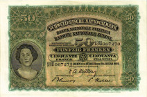 Schweiz / Switzerland Ausgaben der Schweizerischen Nationalbank ab 1907
 50 Franken 1949 Waterlow & Sons Ltd., London. 2. Emission / 2nd issue. Holzf...