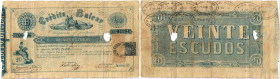 Spanien 1. Republik
Crédito Balear 20 Escudos 1874 1. Juni. Serie B, N° 01284. Ovaler Stempel rechts über Briefmarke als Kriegsabgabe Impuesto de Gue...