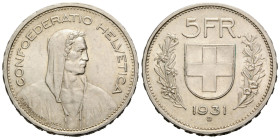 Eidgenossenschaft / Confederation Bundesmünzen / Federal Coins
 5 Franken 1931 B, Bern. 31.0 mm. Silber / Silver. Randschriftvariante. Alphirte. 13* ...