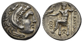 Kingdom of Macedon, Alexander III 'the Great' AR Drachm. Lampsakos, circa 323-317 BC. (4.2 Gr. 16mm.)
Head of Herakles right, wearing lion's skin 
Rev...