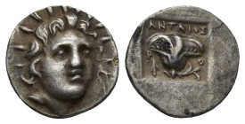 ISLANDS off CARIA, Rhodos. Rhodes. Circa 125-88 BC. AR Hemidrachm (1.5 Gr. 12mm.) 
Antaios, magistrate. 
Radiate head of Helios facing slightly right ...
