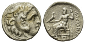 Kingdom of Macedon, Alexander III 'the Great' AR Drachm. Kolophon, circa 310-301 BC. (2.8 Gr. 16mm.)
Head of Herakles to right, wearing lion skin head...