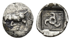 Dynasts of Lycia. Uncertain mint. Kuprilli or Kubernis 470-440 BC. Hemiobol AR (0.55 Gr. 8mm.). 
Bull butting to left 
Rev. Triskeles; all within incu...
