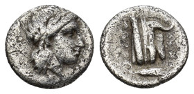 BITHYNIA. Kios. Circa 350-300 BC. Trihemiobol (1.2 Gr. 11mm.)
 Laureate head of Apollo to right. 
Rev. Prow of galley to left; to right, ear of grain.