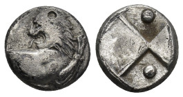 THRACE, Chersonesos. Circa 386-338 BC. AR Hemidrachm (2.3 Gr. 12mm.) 
 Forepart of lion right, head left 
Rev. Quadripartite incuse square with altern...