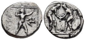 Pamphylia, Aspendus Stater, 420-400 BC, (10 Gr.23mm.). 
Two wrestlers fully engaged standing knee to knee. 
Rev. Slinger standing wearing short chiton...