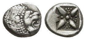 IONIA. Miletos. (Late 6th-early 5th centuries BC). Obol or Hemihekte. (1.1 Gr. 9mm.) 
Forepart of lion right, head left. 
Rev. Stellate floral design;...