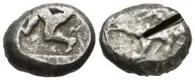 Pamphylia, Aspendos Circa 460-420 BC. AR Stater. (11 Gr. 19mm.) 
Helmeted, nude hoplite advancing to right, holding spear in right hand and round shie...