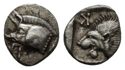 MYSIA, Kyzikos. Circa 450-400 BC. AR Obol (9mm, 0.8 g). Forepart of boar left; to right, tunny upward / Head of roaring lion left; retrograde K to upp...