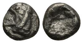 Ionia, Phokaia AR Obol. Circa 521-478 BC. (9mm, 1.3 g ) Head of griffin to left / Rough incuse square.