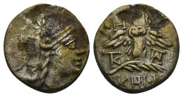 MYSIA. Pergamon (Circa 200-133 BC). AE (3 Gr. 15mm.) 
Head of Athena right, wearing helmet decorated with star 
Rev. Owl standing facing on palm frond...