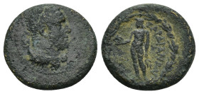 LYDIA, Sardes. (Circa 133-100 B.C). AE (3.5 Gr. 16mm). 
Head of youthful Herakles right, wearing lion's skin around neck 
Rev. Apollo standing left, h...