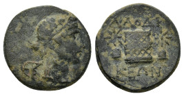 Phrygia. Laodiceia ad Lycum. AE (3.8 Gr. 17mm.)
 Draped bust of Dionysus right.
Rev. Two Dioskouroi and box or altar (?)