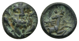 Pisidia, Selge 2nd-1st century BC. AE. (1.7r. 11mm.)
Bearded head of Herakles three-quarter facing, wreathed with styrax, club to left 
Rev. Forepart ...
