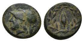 AIOLIS, Elaia. After 340 BC. Æ (11mm 1.3 g). Head of Athena left in Corinthian helmet / Grain-seed within olive-wreath.