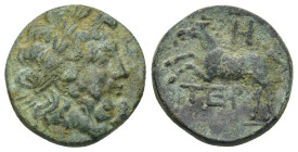 Pisidia, Termessos Æ (18mm, 5.1 g). Dated CY 8 = 64/3 BC. Laureate head of Zeus to right / Horse running to left; TEP below, H (date) above.