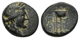 PHRYGIA. Laodikeia ad Lycum circa 100-27 BC. Ae. (13mm, 2.8 g) Obv: Laureate head of Apollo, right. Rev: ΛΑΟΔΙ – ΚΕΩΝ. Tripod.