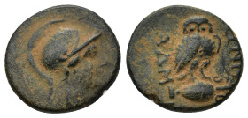 Phrygia. Synnada circa 200-100 BC. Adme-, magistrate Bronze Æ (15mm, 2.8 g) Helmeted head of Athena right / ΣΥΝΝΑ / [Α]ΔΜΗ, owl, with head facing, sta...