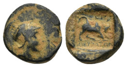 PHRYGIA, Kibyra. Late 2nd-1st centuries BC. Æ (12mm, 2.2 g). Helmeted head of Athena right; monogram behind / Humped bull butting right; E M above; al...