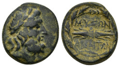 PHRYGIA. Abbaitis. Ae (19mm, 6.7 g) (2nd-1st century BC). Obv: Laureate head of Zeus right. Rev: MY??N ABBAIT?N. THunderbolt within wreath; below, mon...