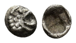 WESTERN ASIA MINOR, Uncertain. Mid to Late 5th century BC. AR Tetartemorion (0.14 Gr. 4mm.)
Head of roaring lion right.
Rev. Rough incuse square.