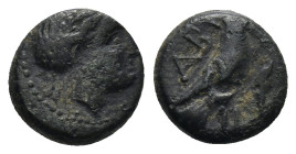 Troas, Abydos. Civic coinage. AE (1.4 Gr. 10mm.) 
Laureate head of Apollo right. 
Rev. Eagle standing right, wings closed, arrow in bow to right.