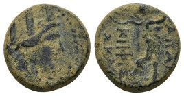 PHRYGIA. Apameia. AE. Circa 88-40 BC. (3.4 Gr. 15mm.) 
 Turreted head of Tyche to right. 
Rev.Marsyas advancing to right [on maeander pattern], playin...
