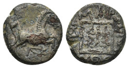 THRACE. Maroneia. AE Circa 398/97 - 348/47 BC. (2.8 Gr. 13mm.) 
 Prancing horse right; monogram below horse.
 Rev. Four bunches of grapes in linear sq...