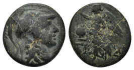 PAMPHYLIA. Side. AE (Circa 200-36 BC). (2.9 Gr. 14mm.)
 Helmeted head of Athena right. 
Rev. Nike advancing left, holding wreath; in left field, pomeg...