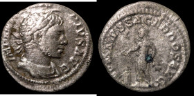 Elagabal. (222 AD). Denar. (18mm, 2,72g) Rome. Obv: IMP ANTONINVS PIVS AVG. laureate bust of Elagabal right. Rev: INVICTVS SACERDOS AVG. emperor stand...